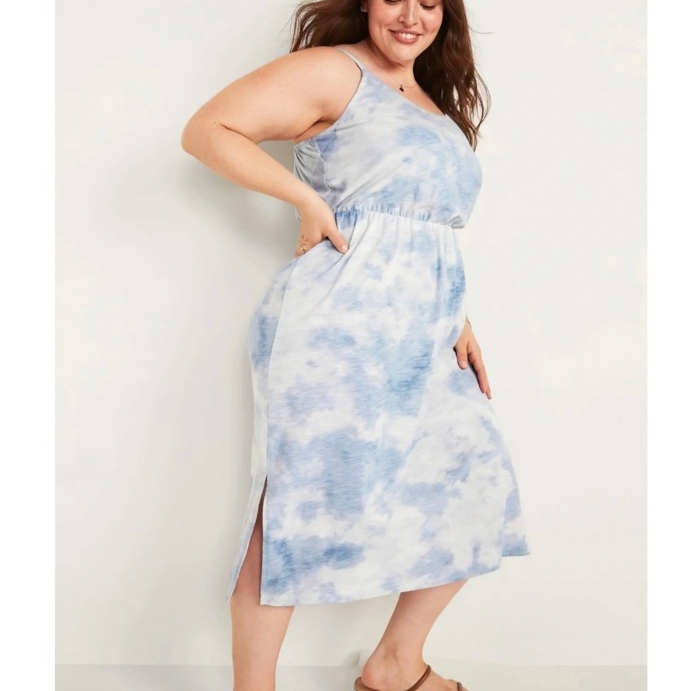 Old Navy Womens XXL Blue Tie Dye Knit Waist Midi Dress Cotton Casual Travel